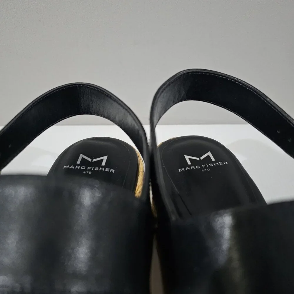 Marc Fisher LTD Patryce Platform Espadrille Sandal Size 9.5 Black Leather Raffia